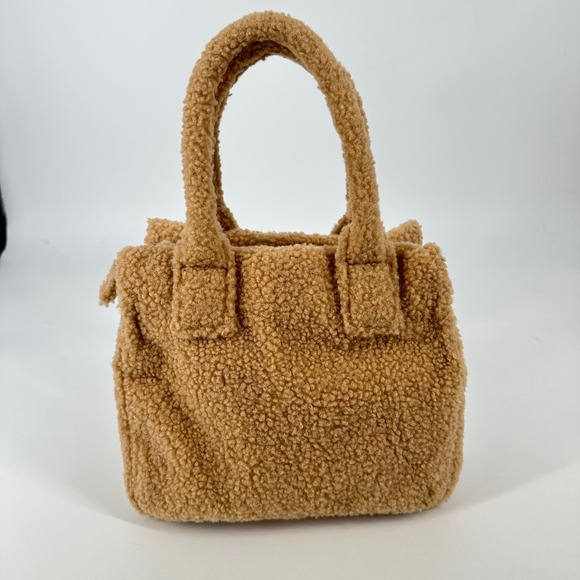 J. Crew Small Sherpa Teddy Bear Fur Tote Bag Camel Tan Top Handle Zipper Closure - Picture 3 of 7